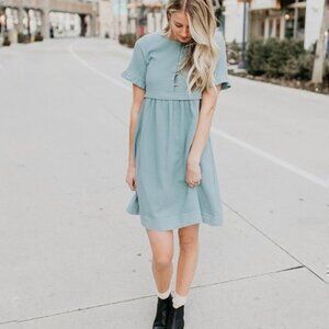 Piper & Scoot • peasant dress aqua seafoam blue waffle cotton babydoll ruffle
